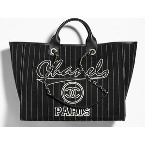Chanel 23P Deauville Black White Stripe Large Shopping 30cm Top Handle Tote Bag